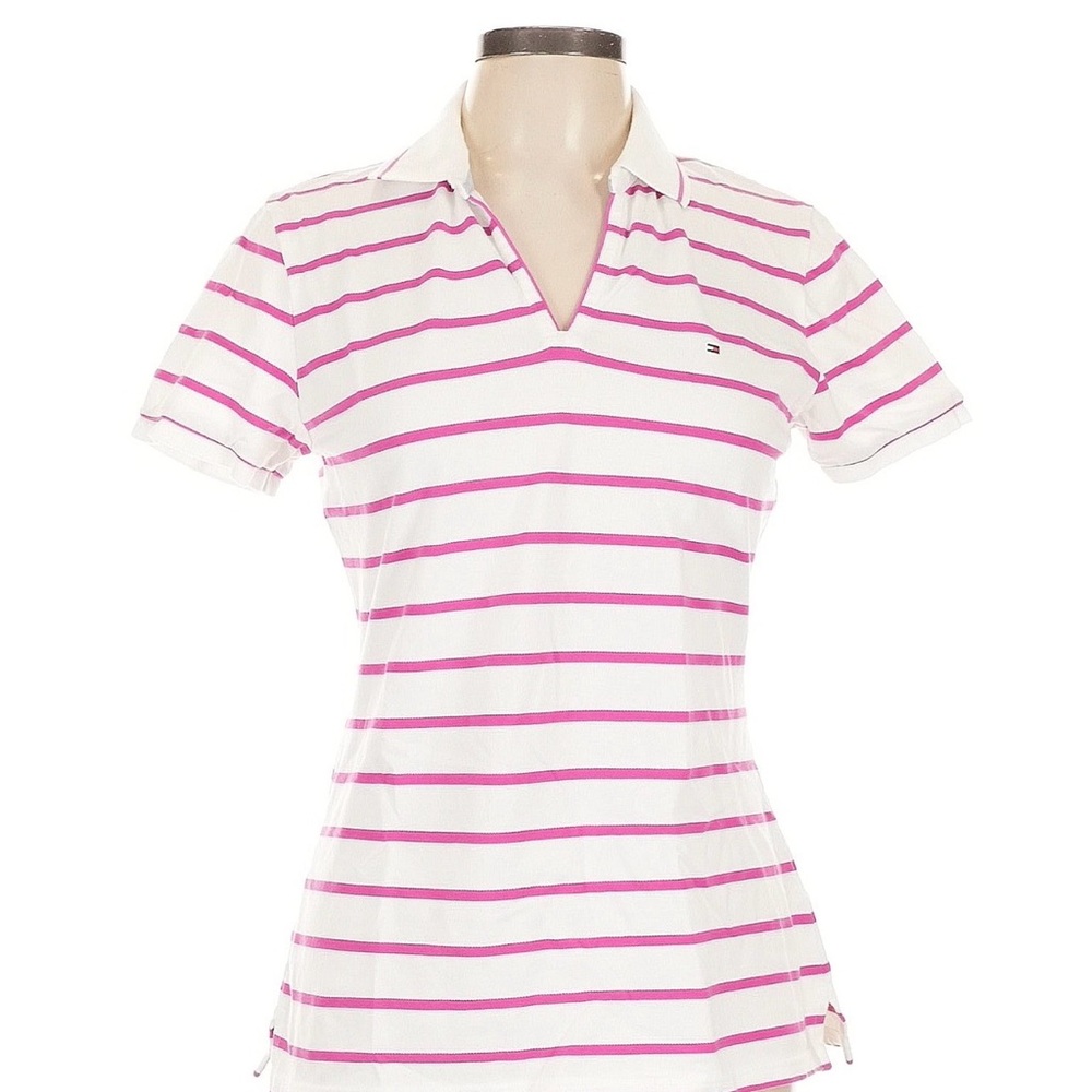 Tommy Hilfiger Pink and White Striped Polo Shirt large